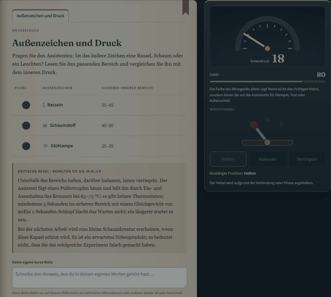 Der Bildschirm des Chemikers: eine Tabelle mit sicheren inneren Bereichen durch Außenzeichen und das Manometer.