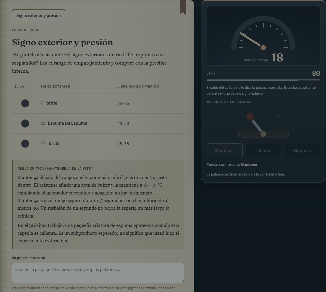 La pantalla del químico: una tabla de rangos interiores seguros por señal exterior, y el medidor de presión.