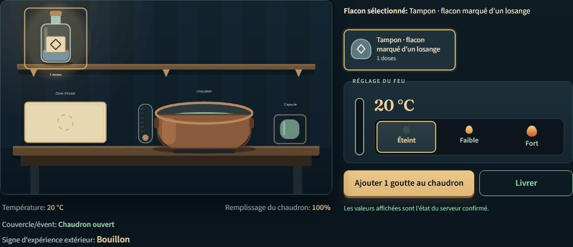 L'écran de l'assistant : le panneau extérieur du chaudron, la bouteille tampon et le brûleur.