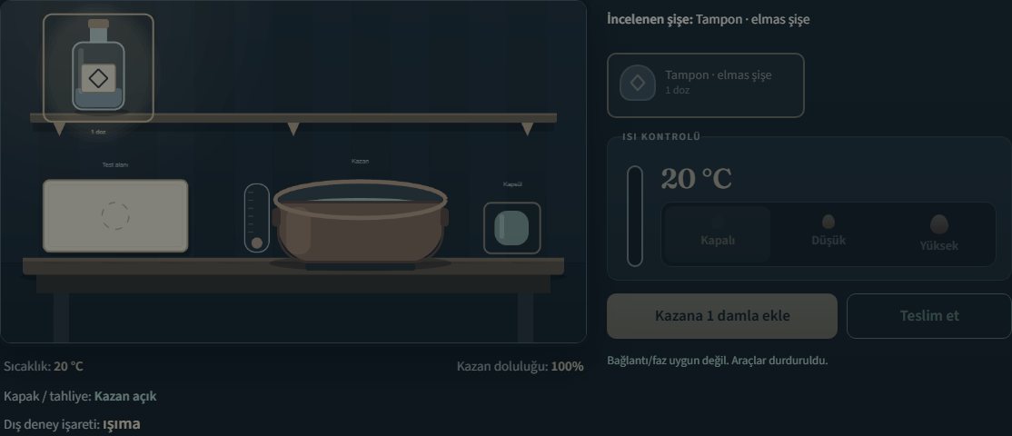Asistanın ekranı: kazanın dış işareti, tampon şişesi ve ocak.