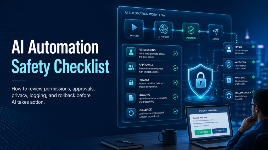 AI automation safety checklist showing permissions, approvals, privacy, logging, rollback, and human review controls before automated actions run.