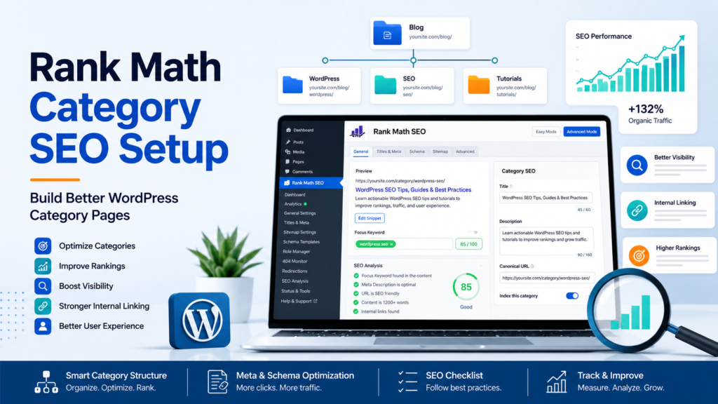 Professional blog cover showing a Rank Math SEO dashboard, WordPress category structure, internal linking, and SEO performance graphics for category page optimization.