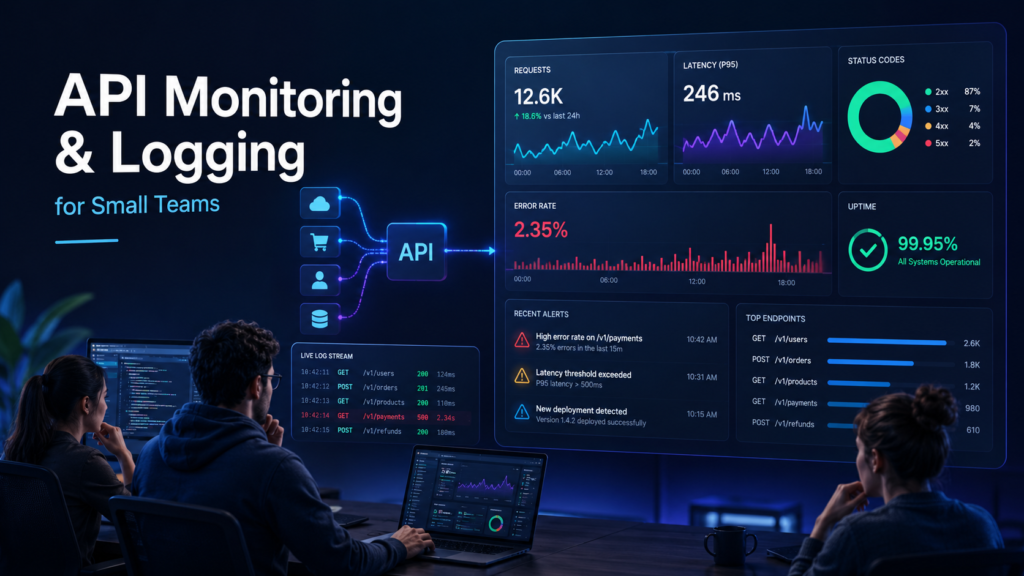 Professional API monitoring and logging dashboard showing status codes, latency, error rate, uptime, alerts, and live log streams for a small technical team.