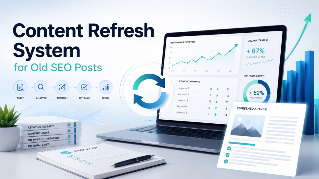 Professional SEO content refresh workflow showing analytics, keyword rankings, checklist, and growth charts for updating old blog posts.