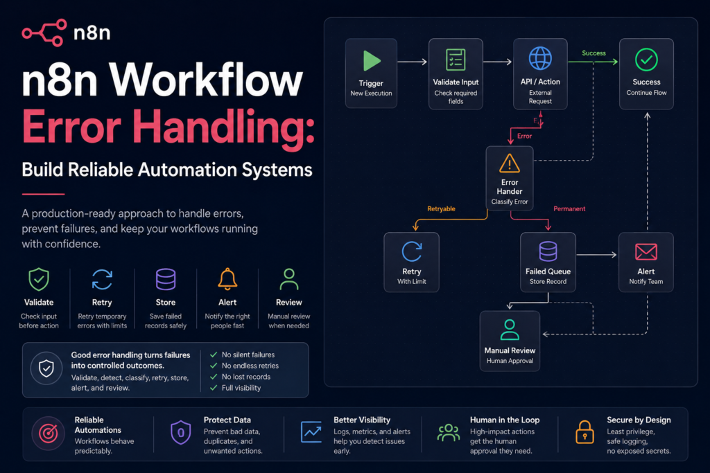 Professional blog cover showing an n8n workflow error handling system with retry logic, alerting, failed queue, validation, and human review nodes.