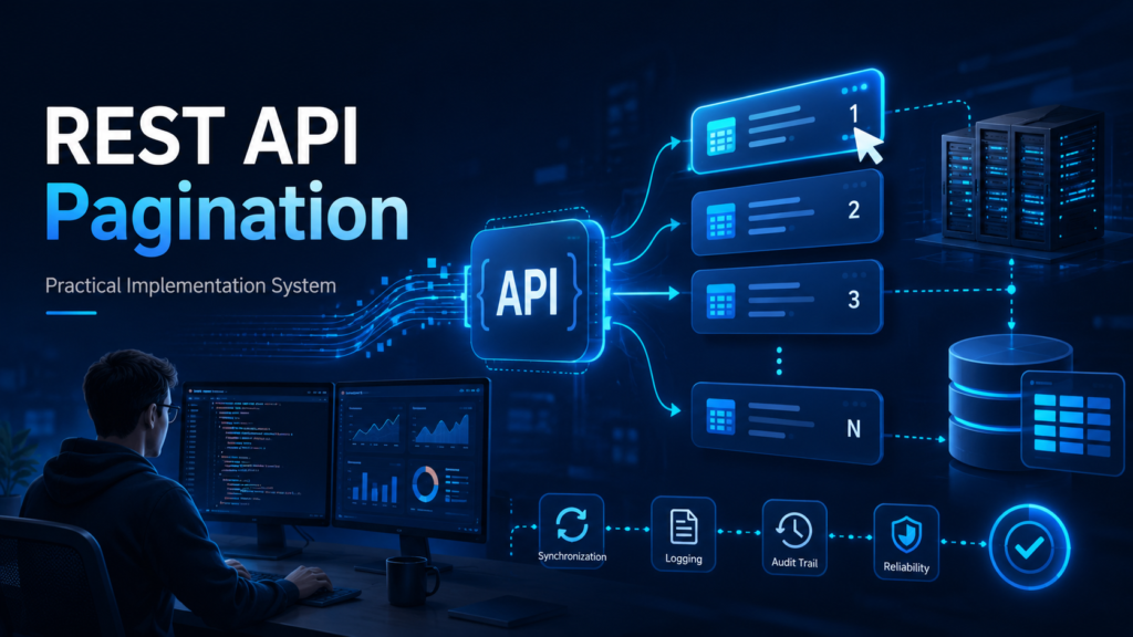 Professional REST API pagination cover image showing API data flow, paginated records, servers, database storage, logging, synchronization, and reliability monitoring.