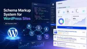 Professional blog cover showing a WordPress schema markup system with JSON-LD code, structured data nodes, SEO analytics, and rich result previews.