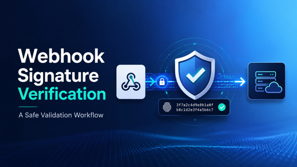 Professional cybersecurity illustration showing a secure webhook signature verification workflow with a shield, validation checkmark, encrypted signature hash, and API data flow.