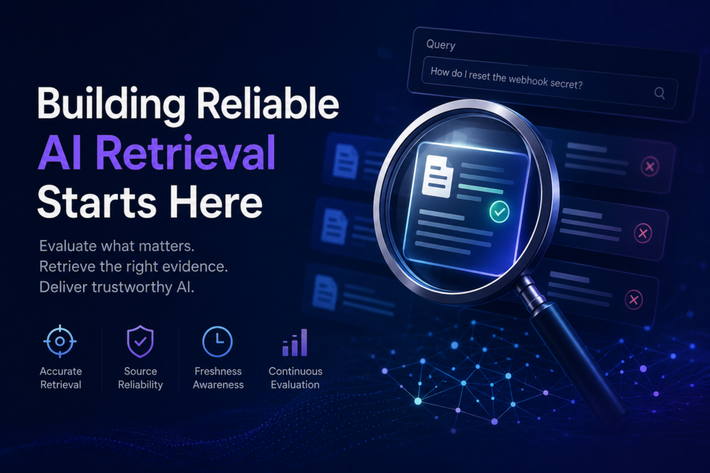 Professional AI retrieval evaluation cover image showing a magnifying glass analyzing trusted documents, source accuracy, freshness, and RAG quality signals.
