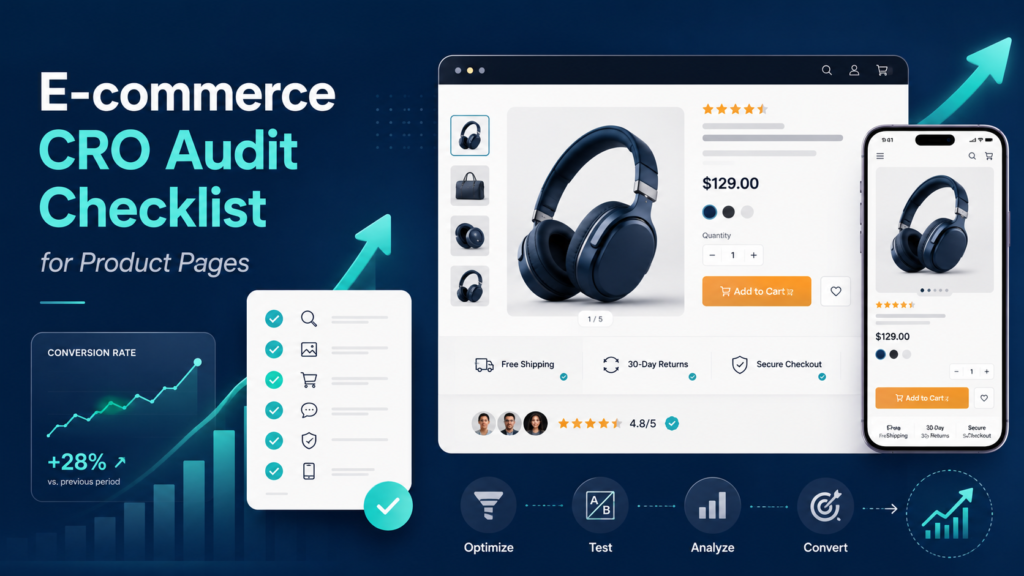 Professional e-commerce CRO audit checklist graphic showing product page optimization, conversion analytics, mobile shopping layout, trust signals, and add-to-cart improvements.