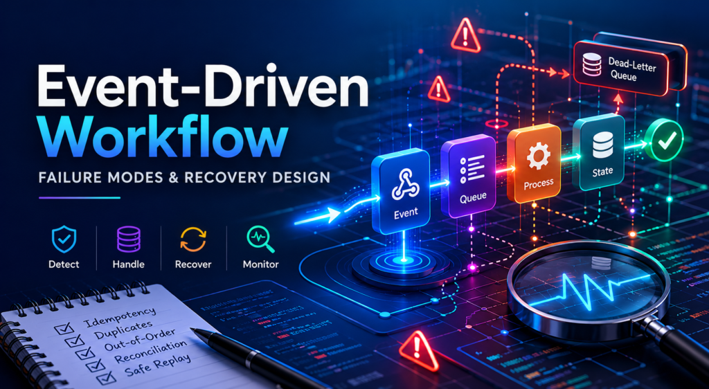 Professional tech illustration showing an event-driven workflow pipeline with event ingestion, processing, retry policy, dead-letter queue, state store, and system health monitoring.