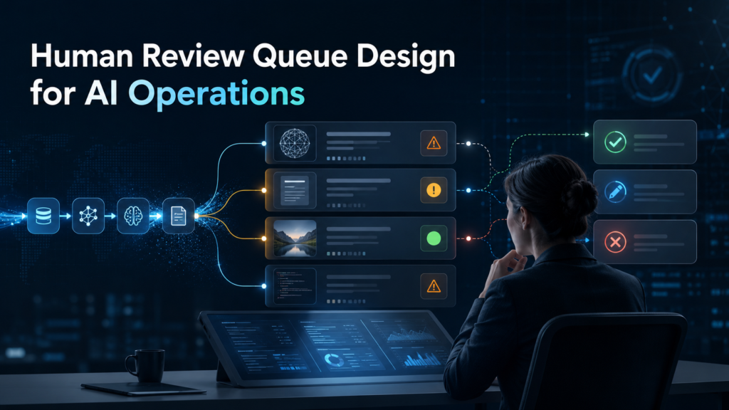 Professional AI operations review queue showing human-in-the-loop approval, risk routing, and decision workflows for reliable AI governance.