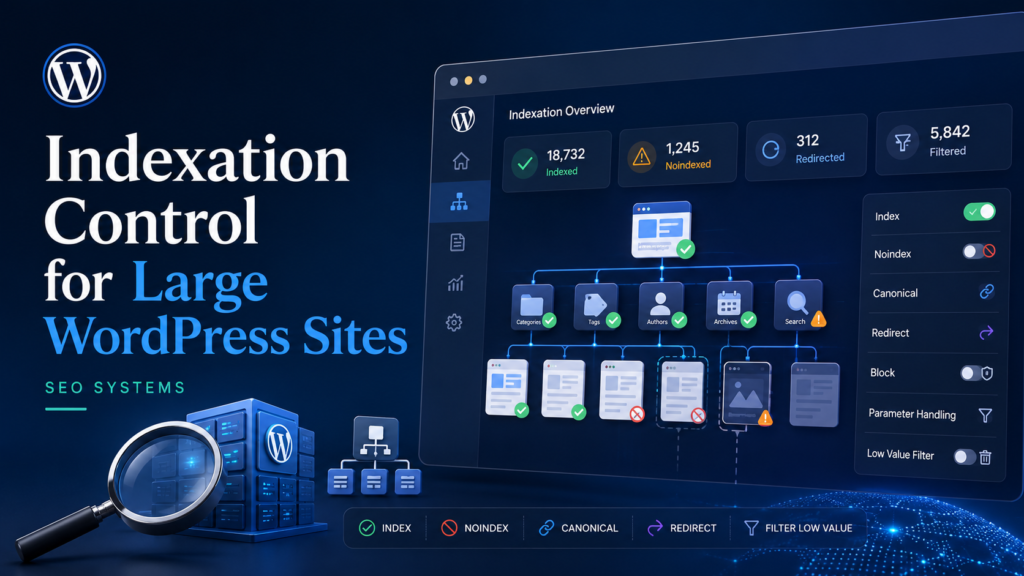Professional WordPress SEO dashboard showing indexation control, noindex rules, canonical URLs, redirects, and low-value URL filtering for large websites.