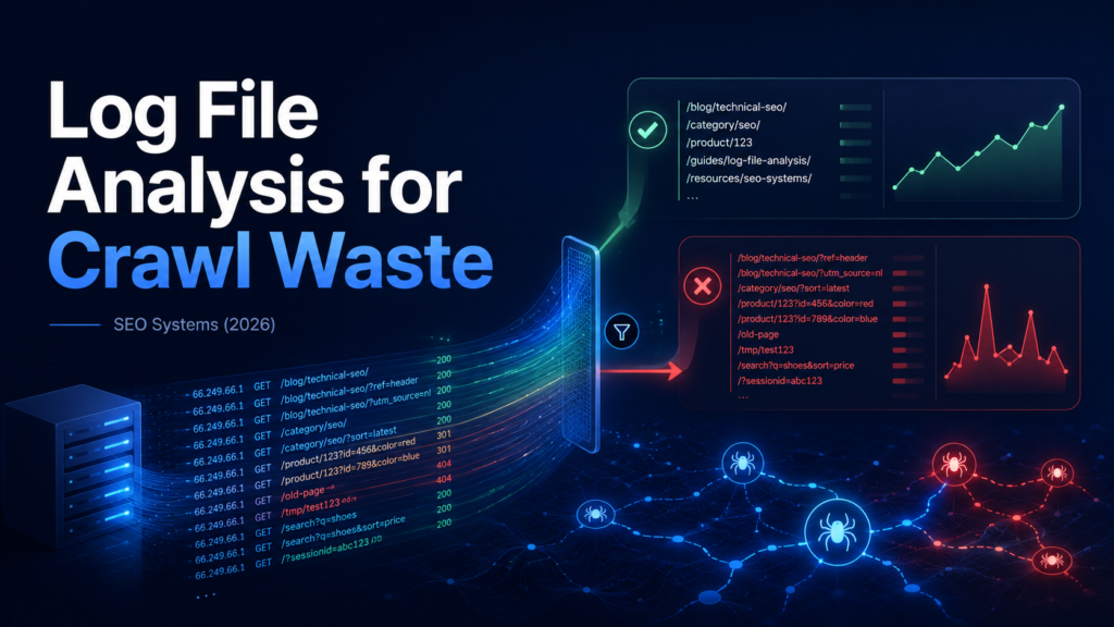 Professional SEO cover image showing log file analysis, crawl waste filtering, server logs, URL groups, and bot crawl optimization dashboards.
