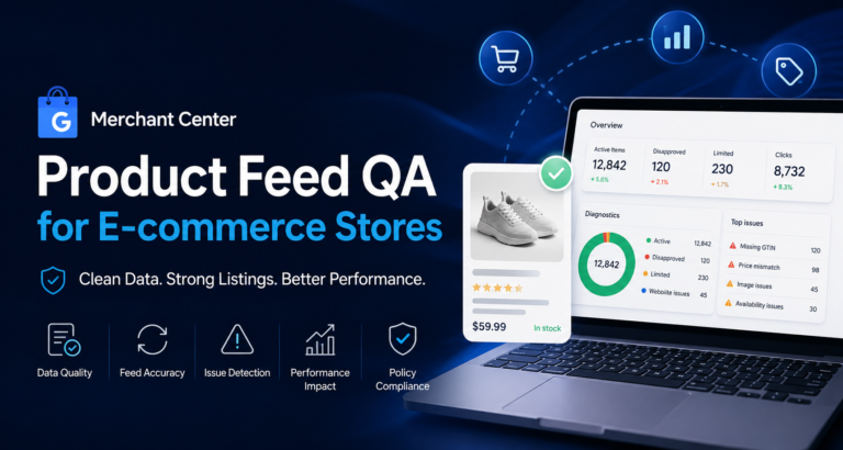 Professional e-commerce product feed QA dashboard showing Merchant Center diagnostics, product data checks, price accuracy, and listing performance insights.