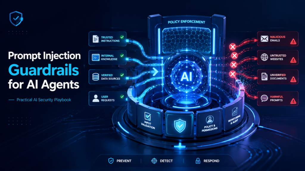 AI security system showing prompt injection guardrails protecting an AI agent from malicious emails, untrusted websites, harmful prompts, and unsafe documents.