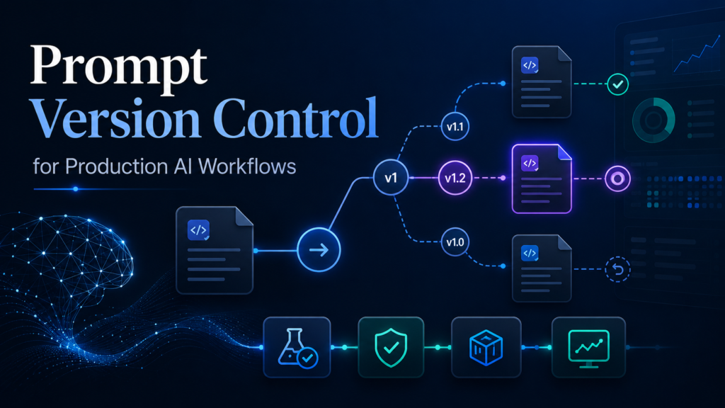 Professional AI workflow diagram showing prompt version control, version branches, testing, rollback, and monitoring for production AI systems.
