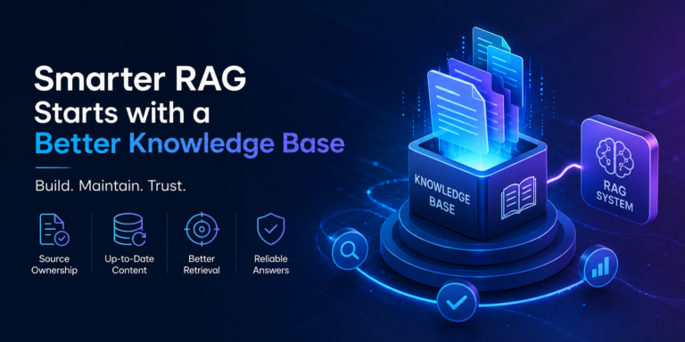 Professional tech illustration showing a RAG knowledge base system with updated documents, source ownership, retrieval monitoring, and reliable AI answer workflow.