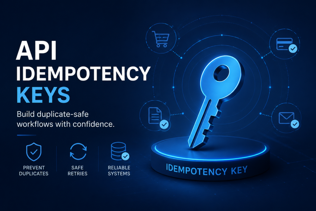 Professional tech cover image showing a glowing digital key representing API idempotency, safe retries, duplicate prevention, and reliable workflow automation.