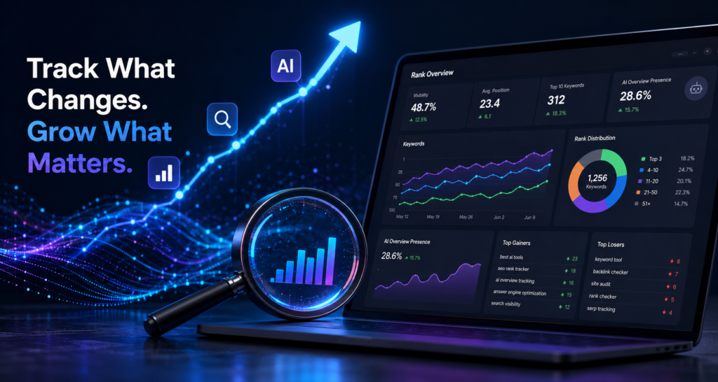 AI rank tracking dashboard showing SEO visibility, keyword rankings, and AI Overview monitoring for 2026.