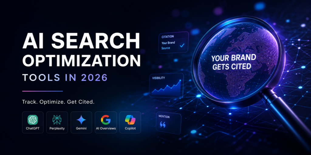 AI search optimization tools in 2026 showing GEO and AEO visibility, brand citations, and AI answer engine tracking.