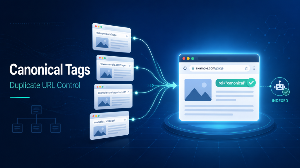 Professional SEO cover image showing duplicate URLs being consolidated into one canonical page using canonical tags.
