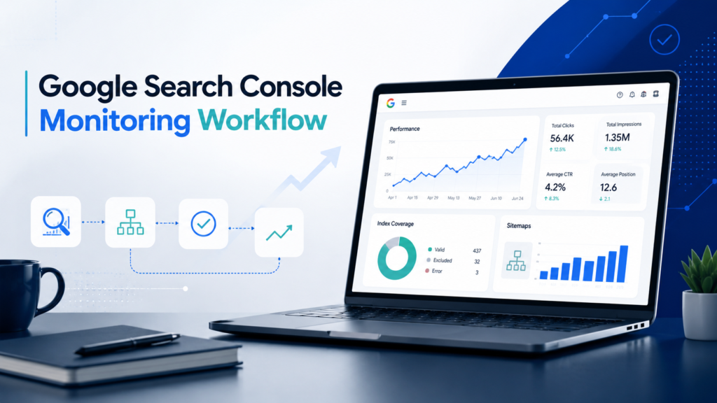 Professional SEO dashboard showing Google Search Console performance monitoring, indexing checks, sitemap tracking, and workflow analytics on a laptop screen.
