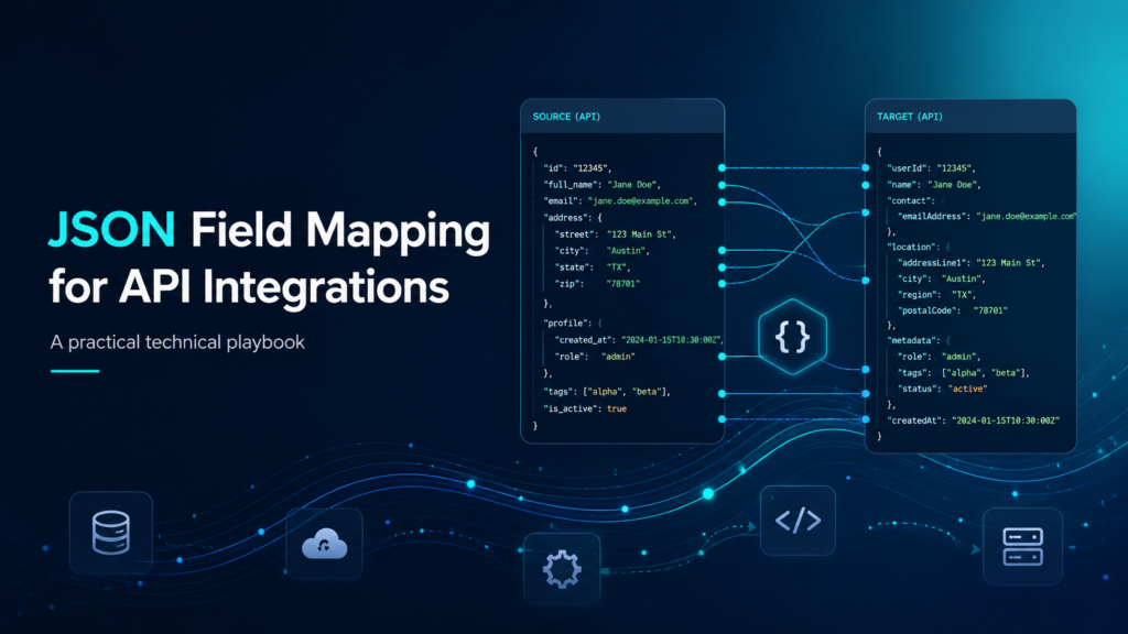 Professional blog cover showing JSON field mapping between source and target API systems with data flow lines, code panels, and integration visuals.