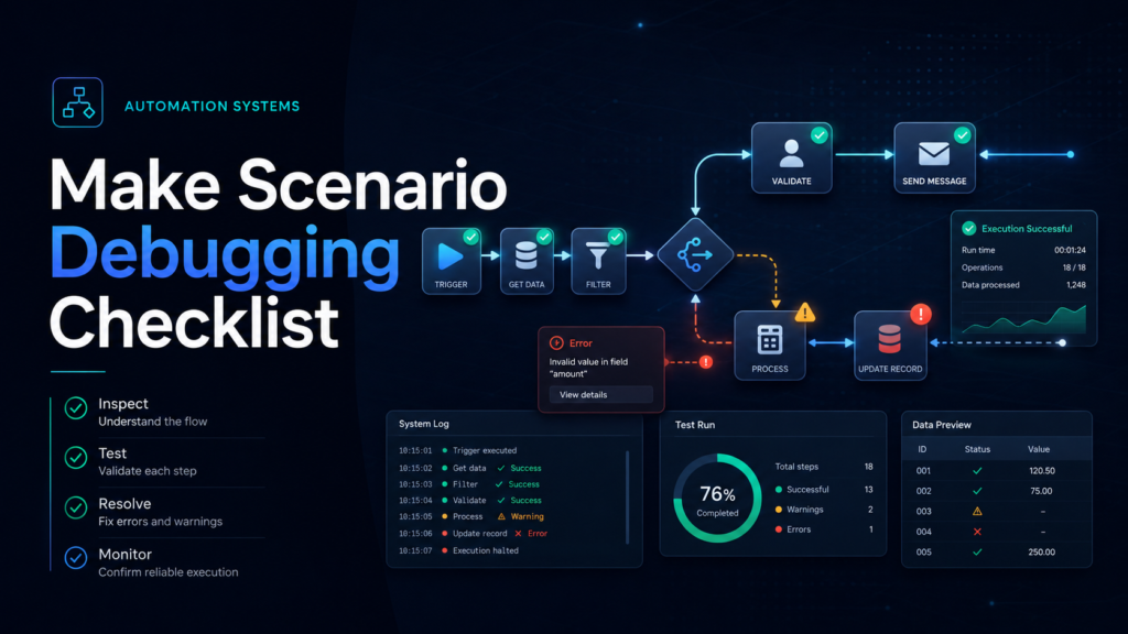 Professional automation workflow dashboard showing Make scenario debugging steps, error checks, testing logs, and validation indicators.