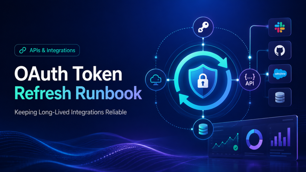 OAuth token refresh runbook cover showing secure API integrations, token lifecycle, monitoring, and automation reliability.
