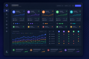 Dashboard illustration showing competitor tracking cards with change alert indicators for pricing and rankings