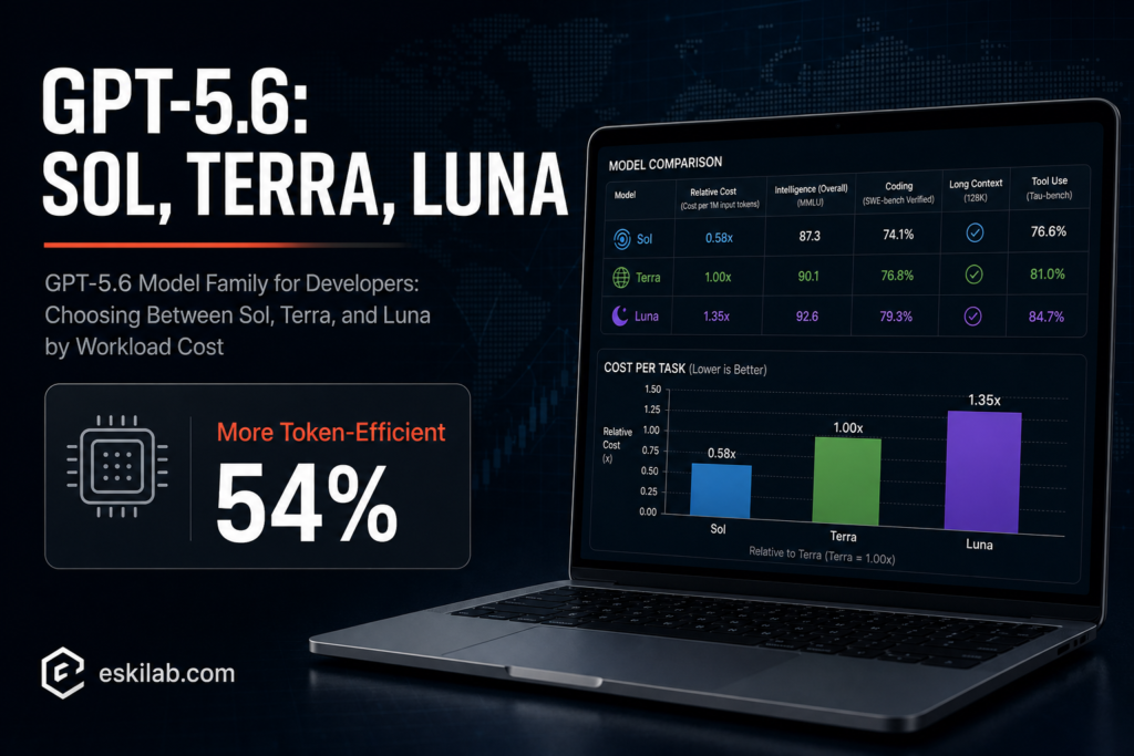GPT-5.6 Sol Terra Luna model family cost comparison for developers, highlighting Sol's 54 percent token efficiency gain on coding tasks