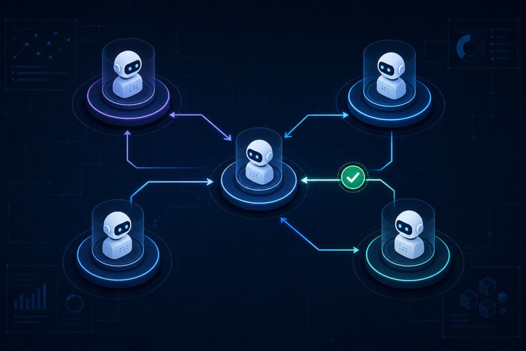 Diagram illustration of multiple AI agent nodes connected by handoff arrows, representing multi-agent coordination design