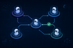 Diagram illustration of multiple AI agent nodes connected by handoff arrows, representing multi-agent coordination design