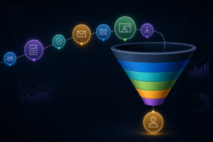 Marketing funnel diagram showing multiple touchpoints with different attribution credit weights leading to conversion