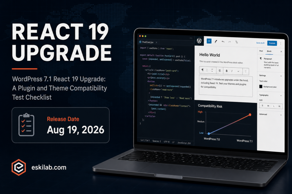 WordPress 7.1 React 19 core upgrade compatibility checklist showing the August 19, 2026 release date for testing custom blocks and plugins